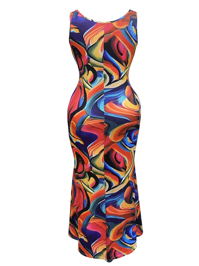 WOMAN'S MULTICOLOURED FIT & FLARE HOLIDAY MAXI DRESS, STRETCH