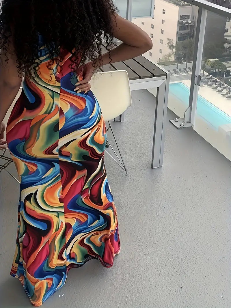 WOMAN'S MULTICOLOURED FIT & FLARE HOLIDAY MAXI DRESS, STRETCH