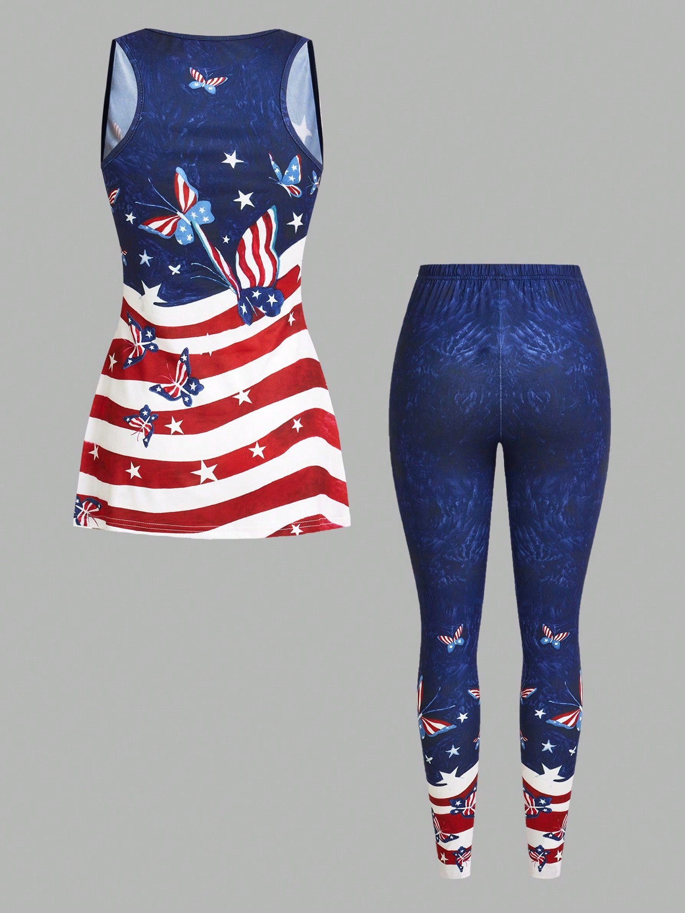 WOMEN'S AMERICAN FLAG PRINT STRETCH 2 PIECE LEGGINGS AND VEST TOP SET, SIZE 8