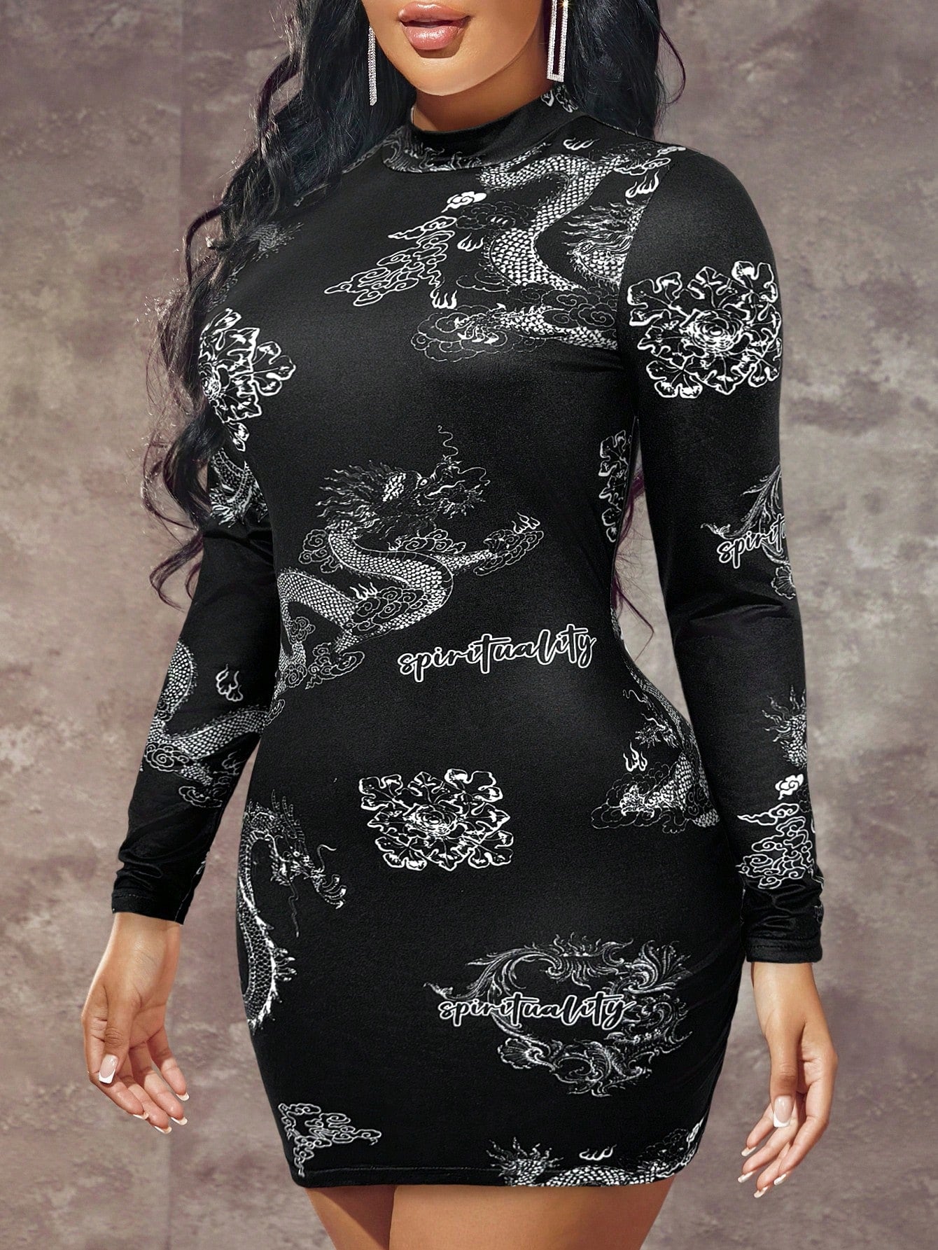 Black Soft Jersey Stretch Mini Dress, Oriental Print, Size 8.