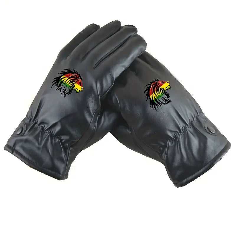 MENS BLACK FAUX LEATHER DRIVING GLOVES, RASTA LION OF JUDAH PRINT.