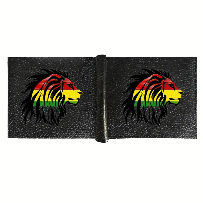 MENS BLACK WALLET, RASTA LION OF JUDAH PRINT, CREDIT CARD SLOTS, FAUX LEATHER.