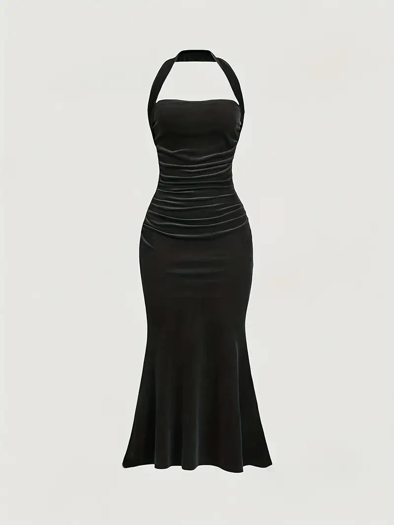 Stunning Black Velvet Maxi Dress, Mermaid Style, Halter Neck, Size 12 to 14