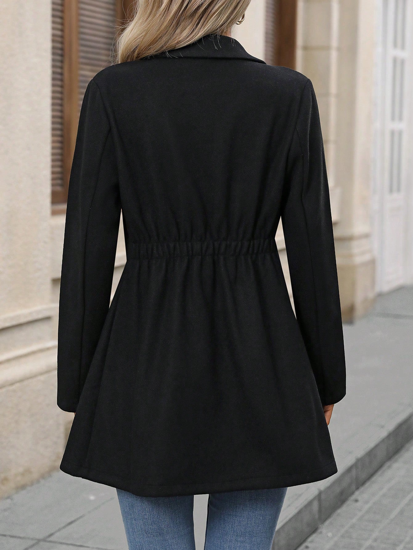 Women's Black Wool Double Breasted Jacket Blazer, Gold Buttons, Size 16.