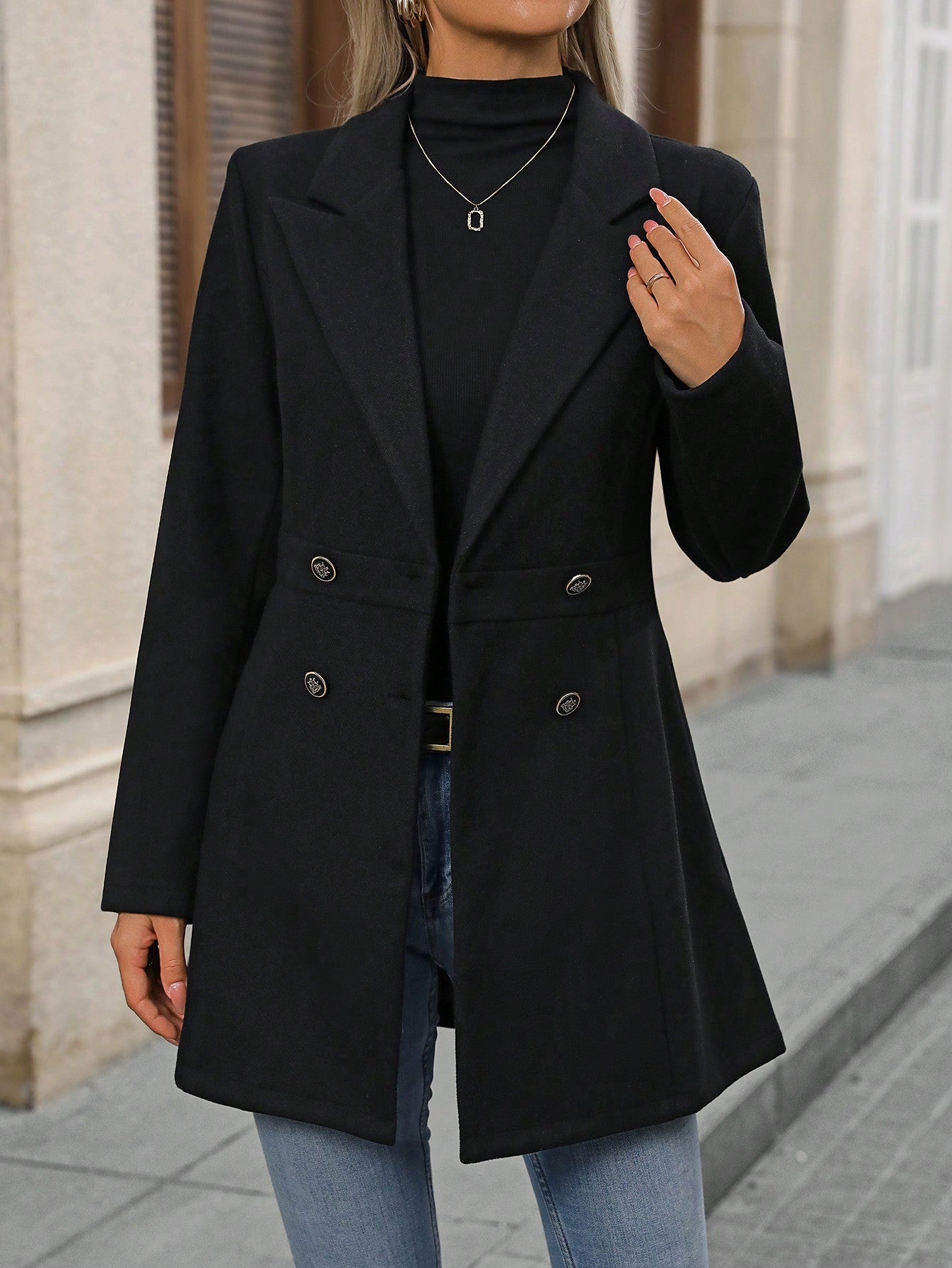 Women's Black Wool Double Breasted Jacket Blazer, Gold Buttons, Size 16.