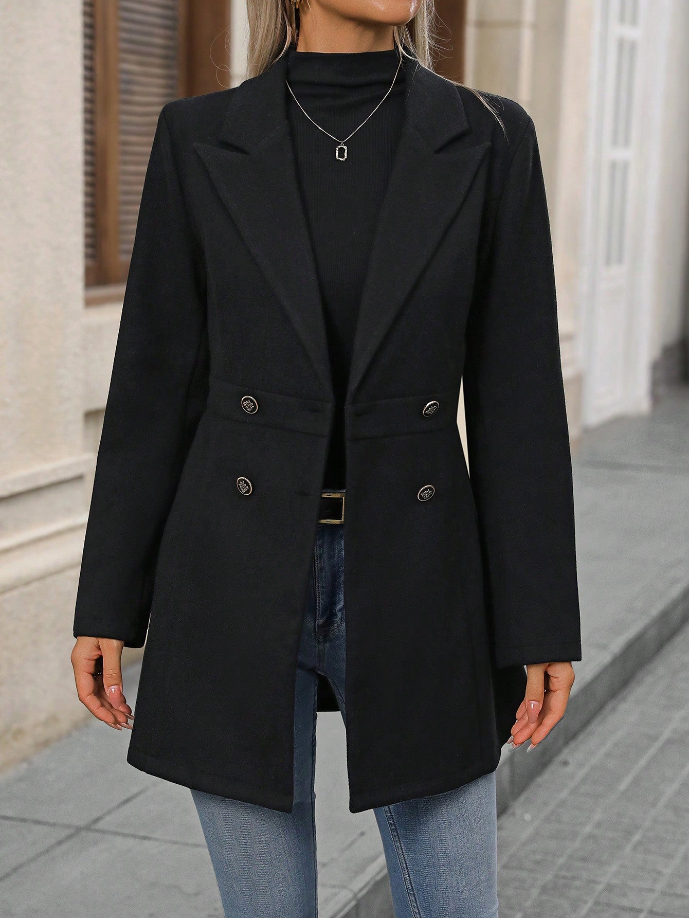 Women's Black Wool Double Breasted Jacket Blazer, Gold Buttons, Size 16.