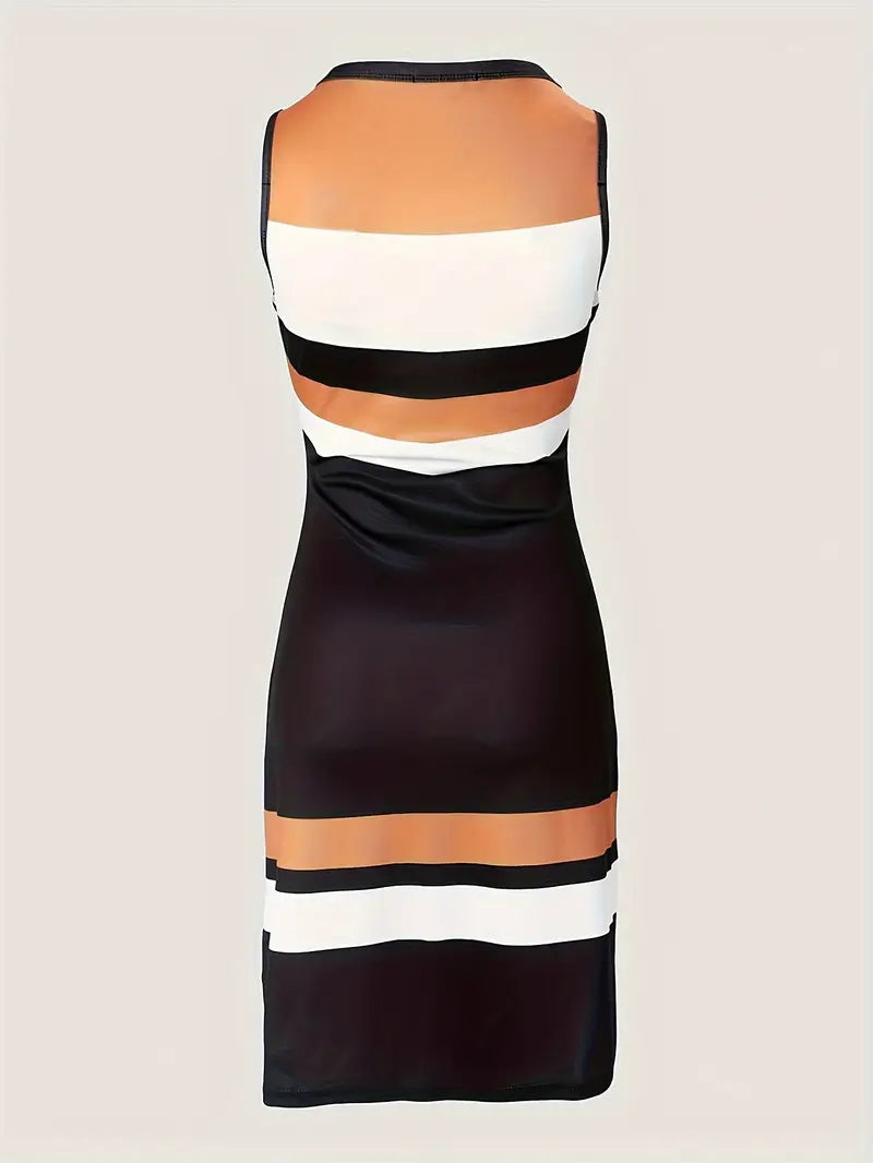 WOMENS BLACK, CARAMEL & CREAM STRIPE KNEE LENGTH DRESS, STRETCH SIZE 12/14