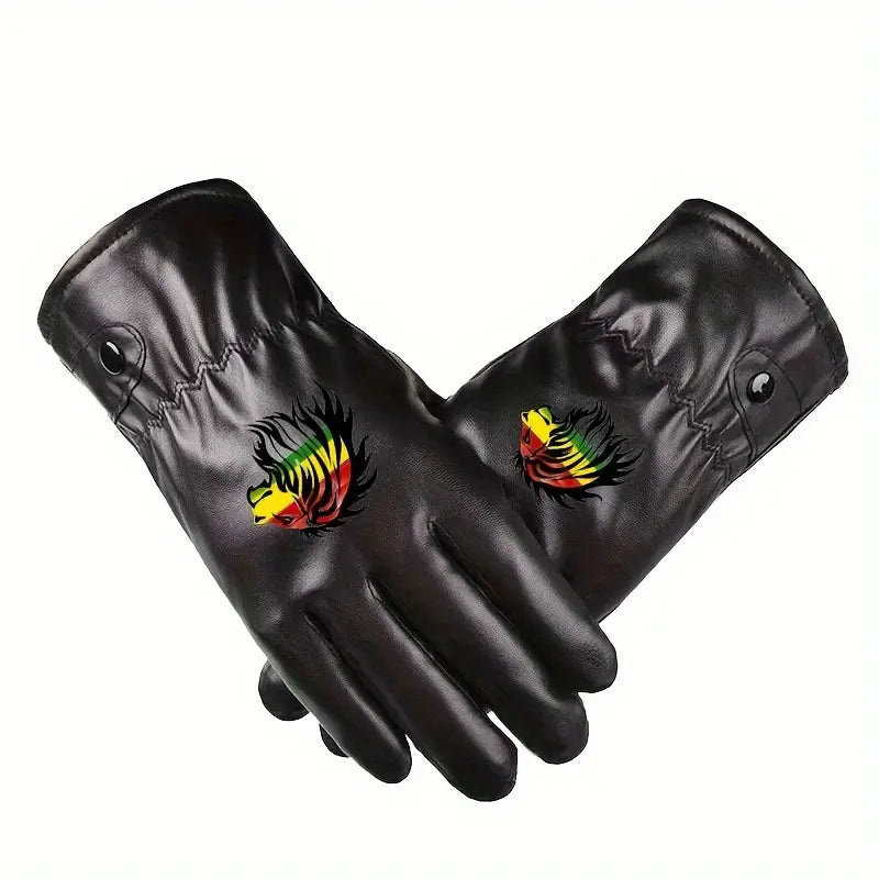 MENS BLACK FAUX LEATHER DRIVING GLOVES, RASTA LION OF JUDAH PRINT.
