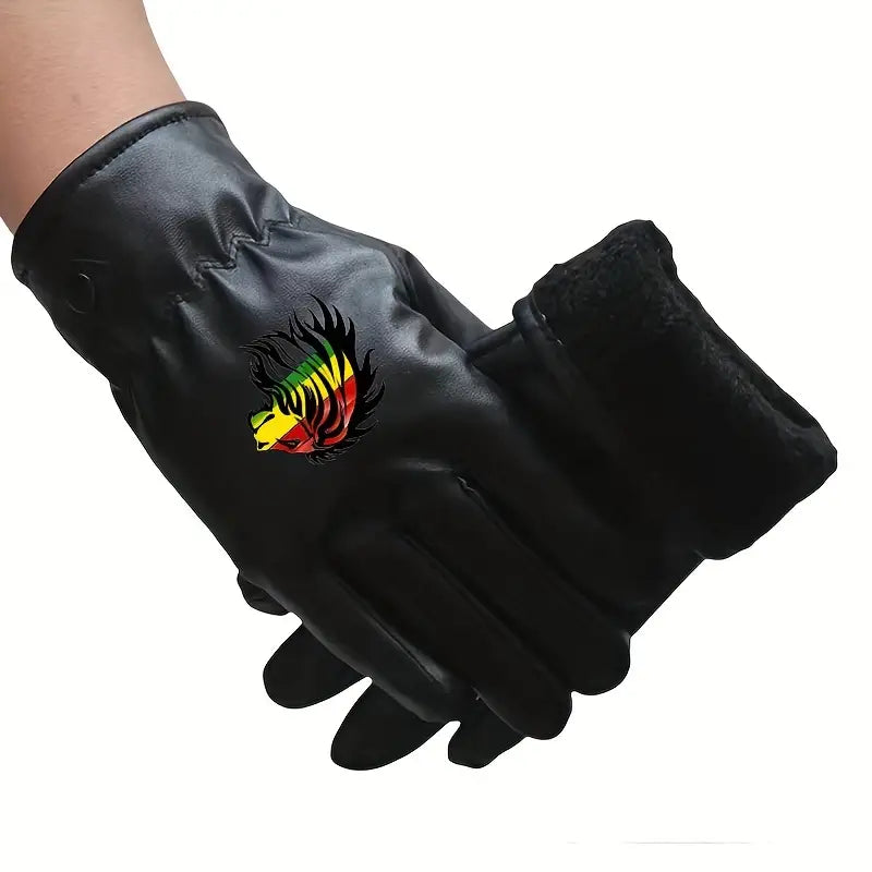 MENS BLACK FAUX LEATHER DRIVING GLOVES, RASTA LION OF JUDAH PRINT.