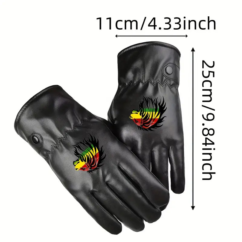 MENS BLACK FAUX LEATHER DRIVING GLOVES, RASTA LION OF JUDAH PRINT.