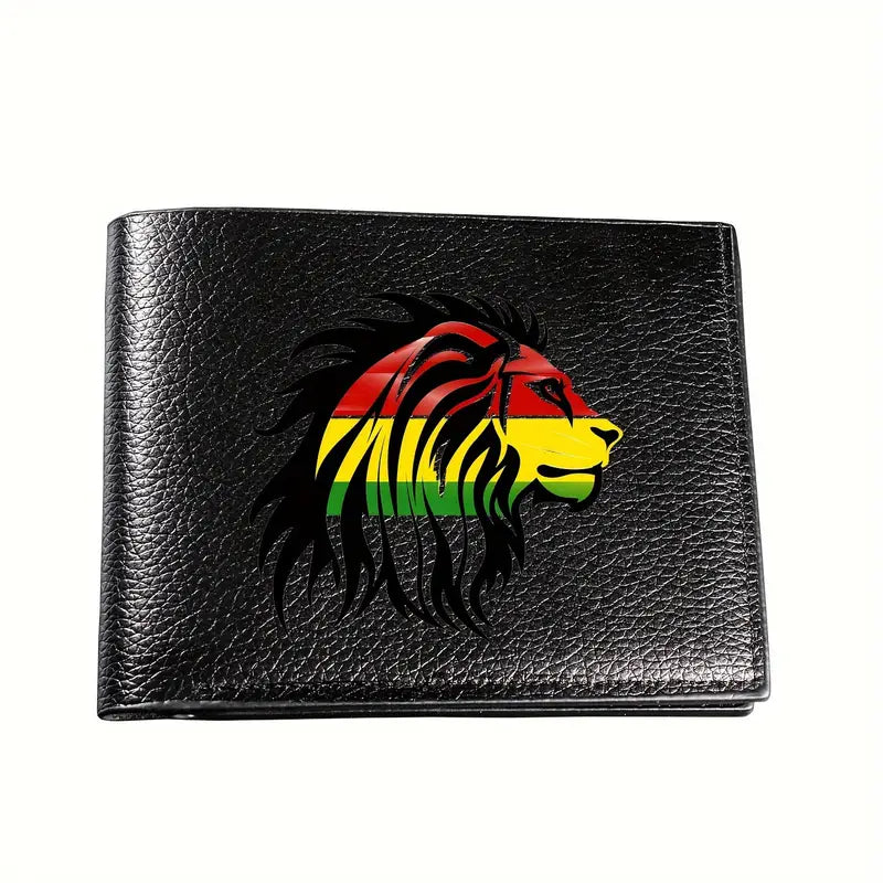 MENS BLACK WALLET, RASTA LION OF JUDAH PRINT, CREDIT CARD SLOTS, FAUX LEATHER.