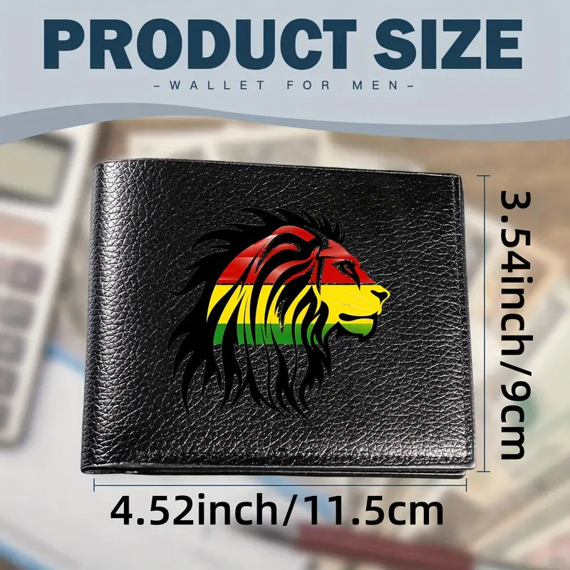 MENS BLACK WALLET, RASTA LION OF JUDAH PRINT, CREDIT CARD SLOTS, FAUX LEATHER.