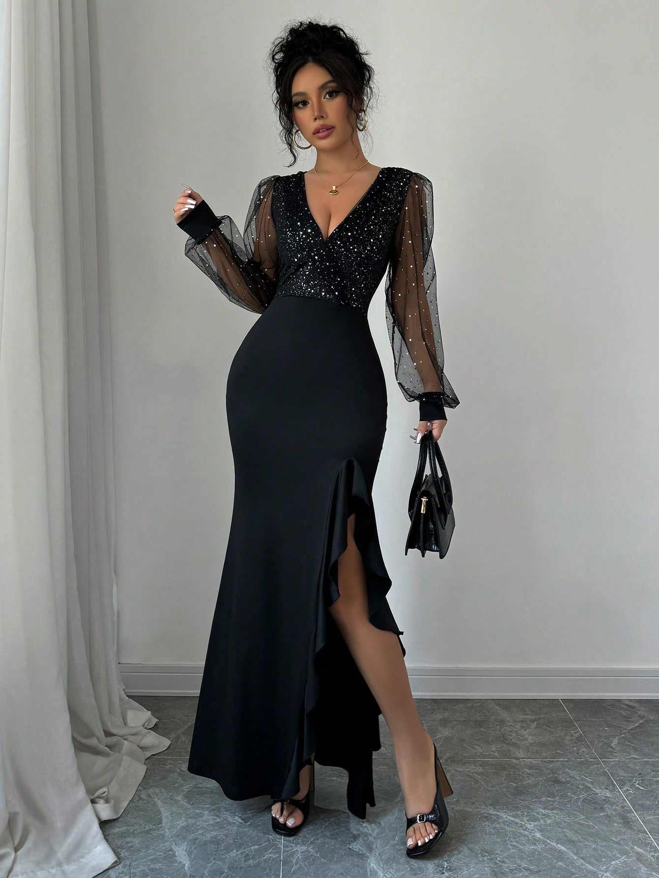 WOMEN'S BLACK & SILVER EVENING DRESS, CHIFFON SLEEVES, SIDE SPLIT, SIZE 16
