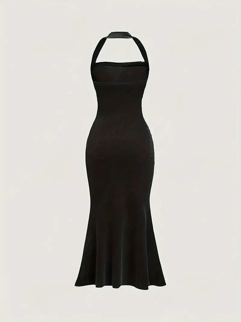 Stunning Black Velvet Maxi Dress, Mermaid Style, Halter Neck, Size 12 to 14