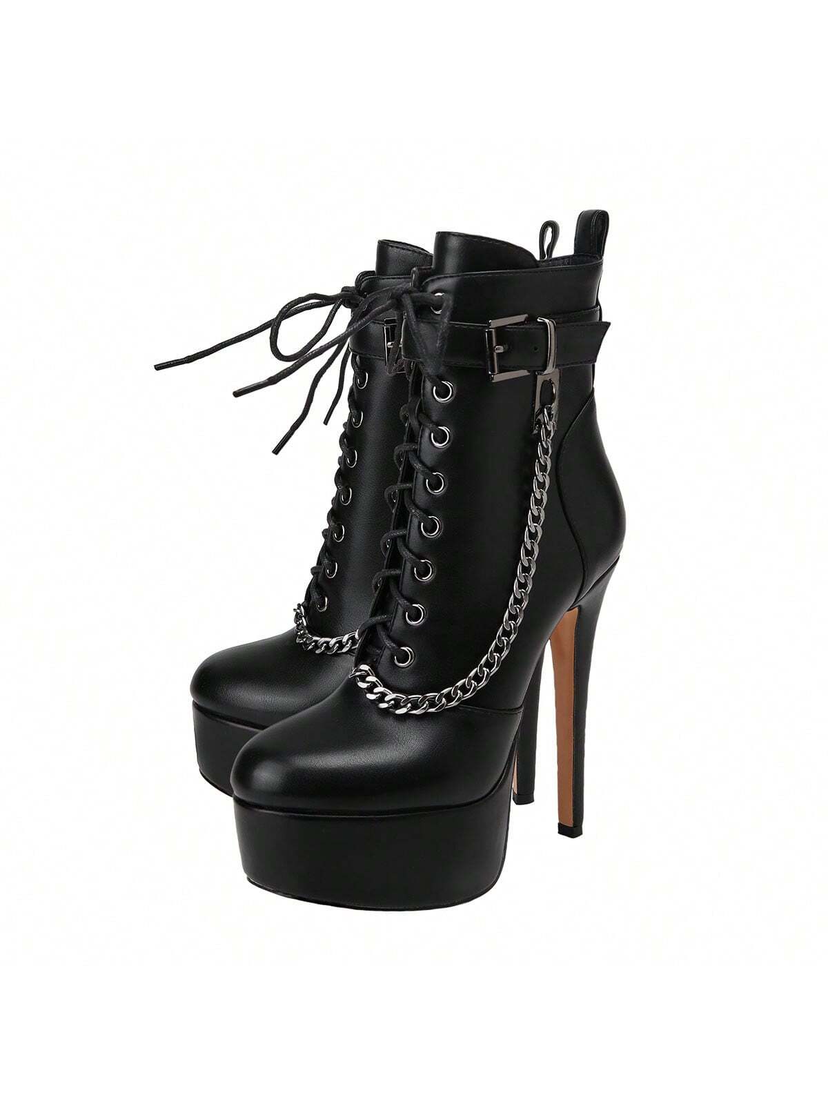 Women's Black Platform Chained Ankle Boots, High Stiletto Heels, Size 7