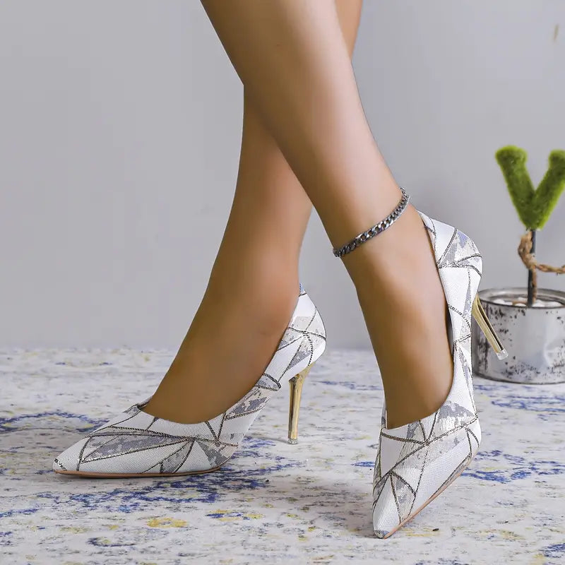 Women's White, Blue, & Gold Stiletto Heel Court Shoes, Size 6