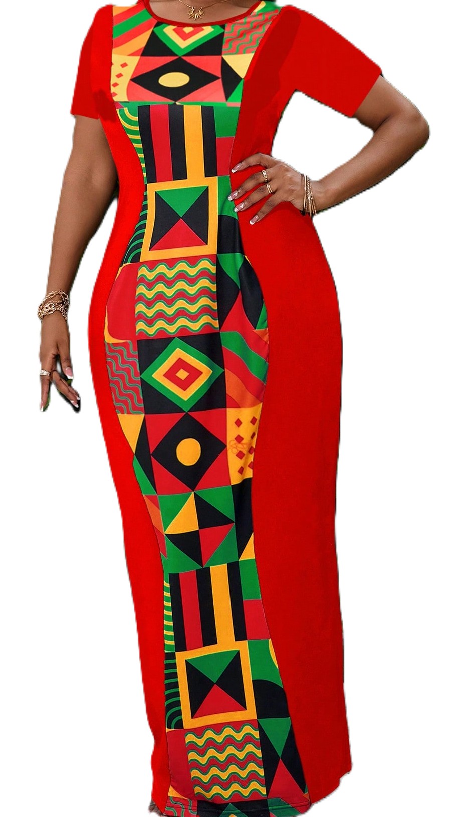 SHORT SLEEVED MAXI DRESS, RED WITH AFRICAN PRINT.