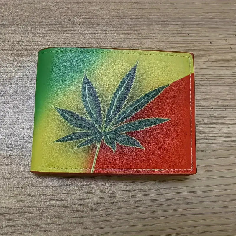 MENS WALLET, RASTA GANJA LEAF PRINT, CREDIT CARD SLOTS, FAUX LEATHER.