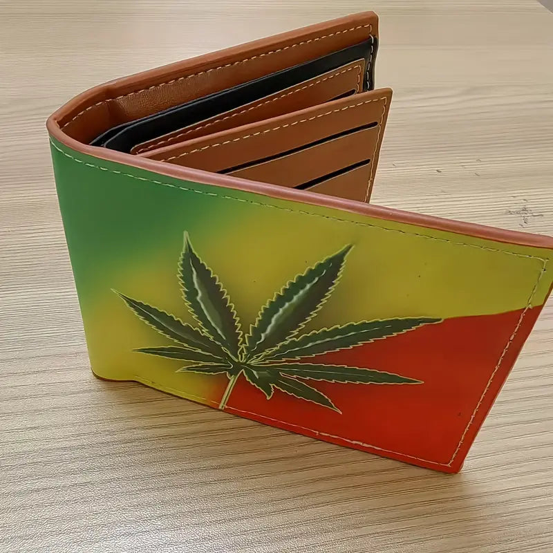 MENS WALLET, RASTA GANJA LEAF PRINT, CREDIT CARD SLOTS, FAUX LEATHER.