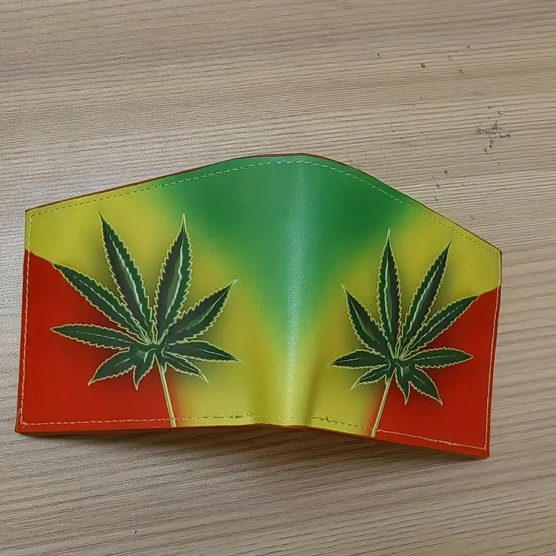MENS WALLET, RASTA GANJA LEAF PRINT, CREDIT CARD SLOTS, FAUX LEATHER.