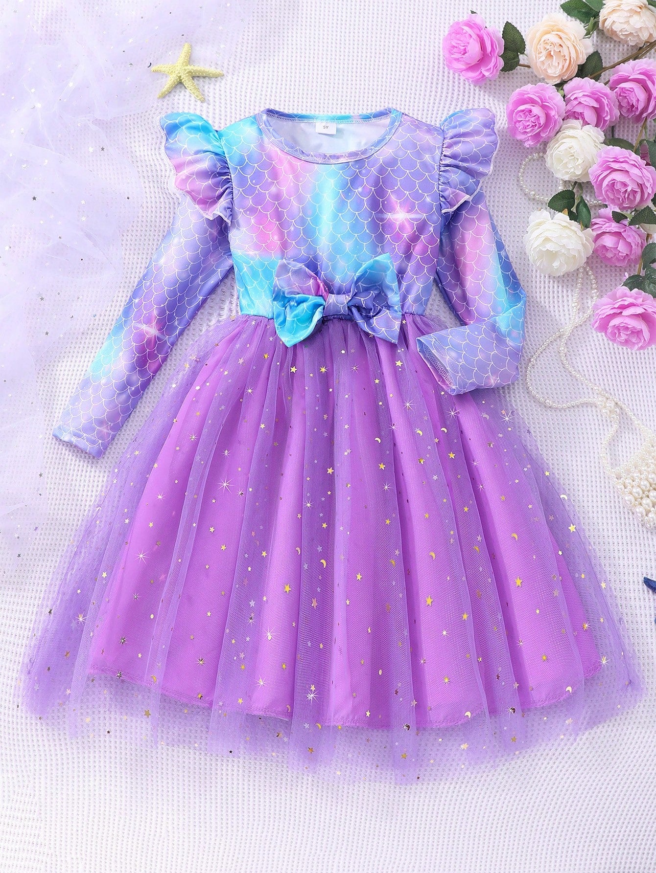 GIRLS MERMAID LONG SLEEVED DRESS, NET SKIRT WITH SPARKLES