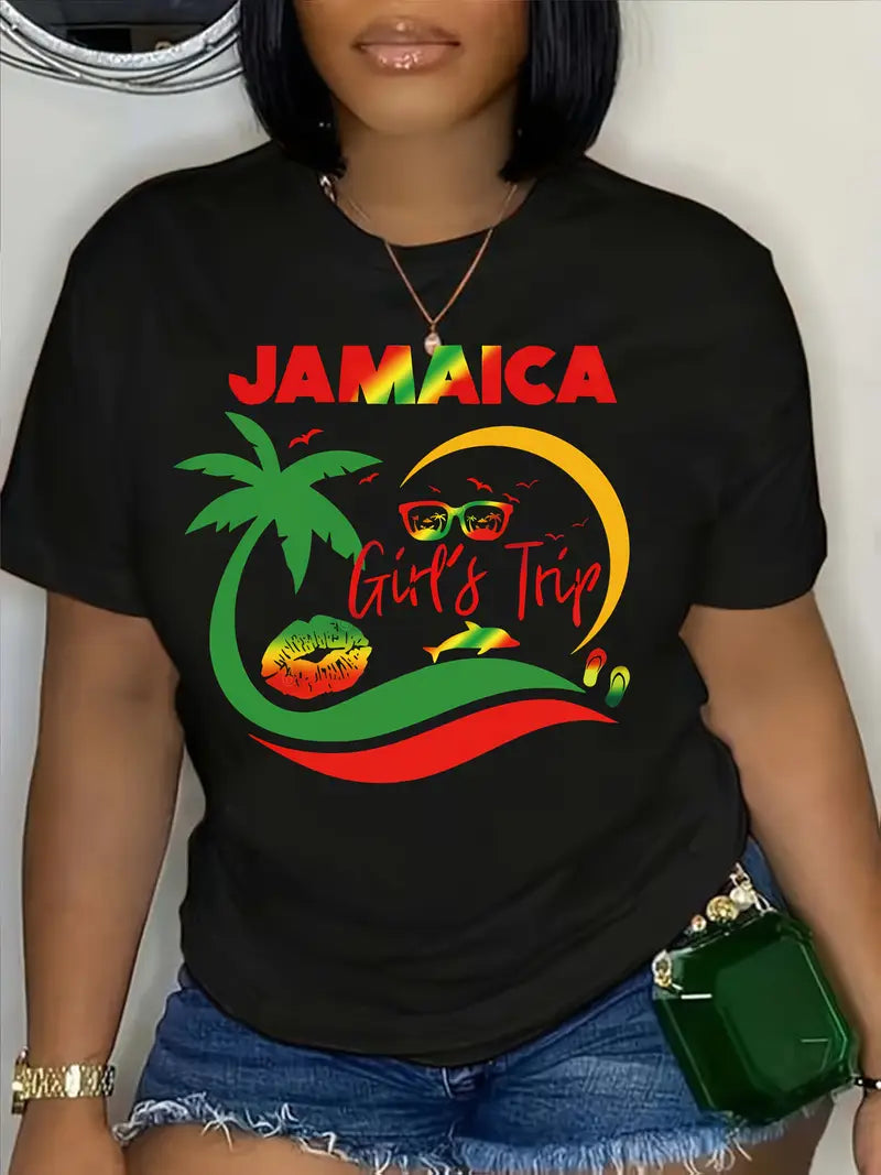WOMEN'S RASTA, REGGAE, "JAMAICA GIRLS TRIP" PRINT BLACK T SHIRT, SIZE 16
