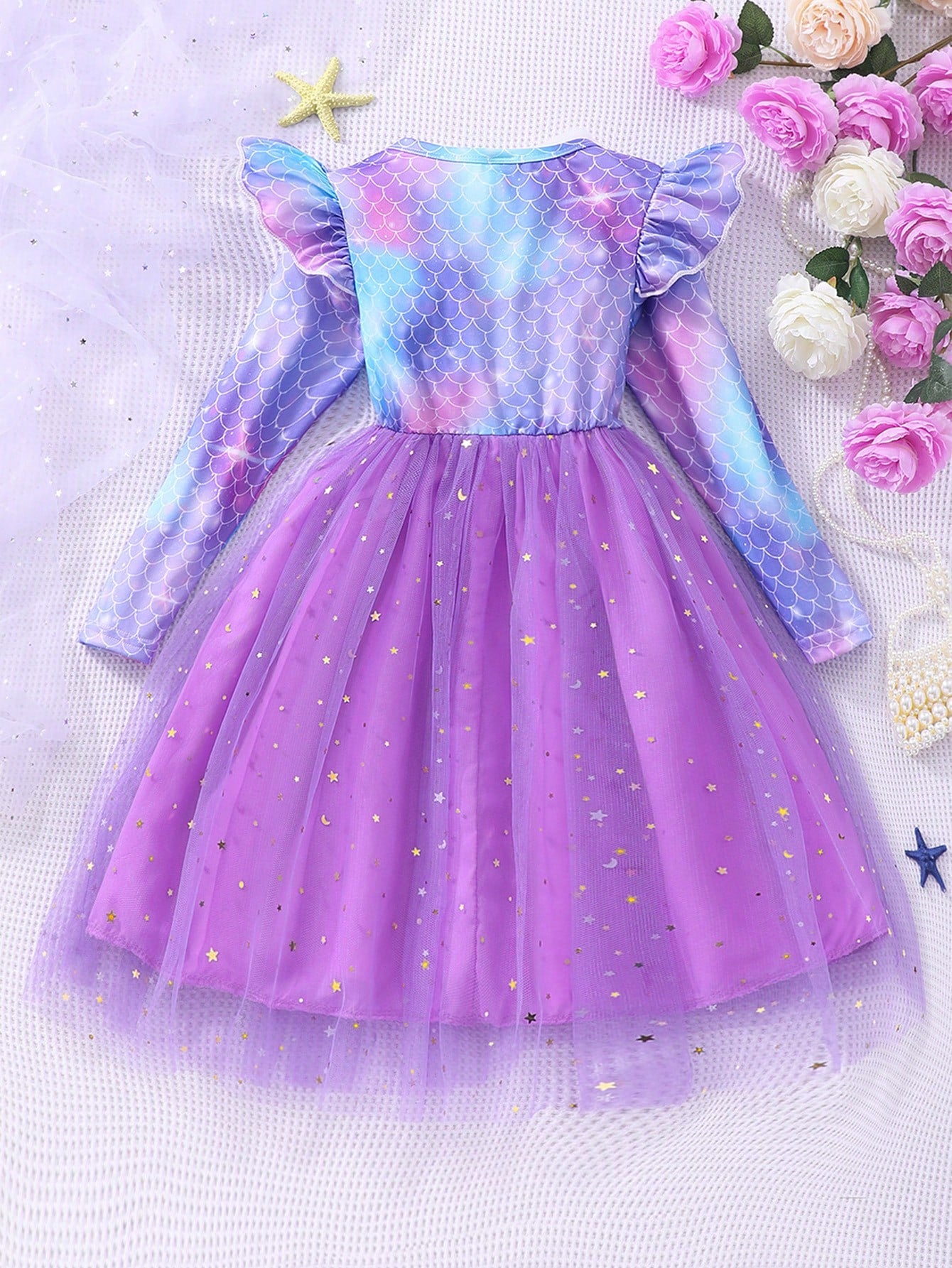 GIRLS MERMAID LONG SLEEVED DRESS, NET SKIRT WITH SPARKLES