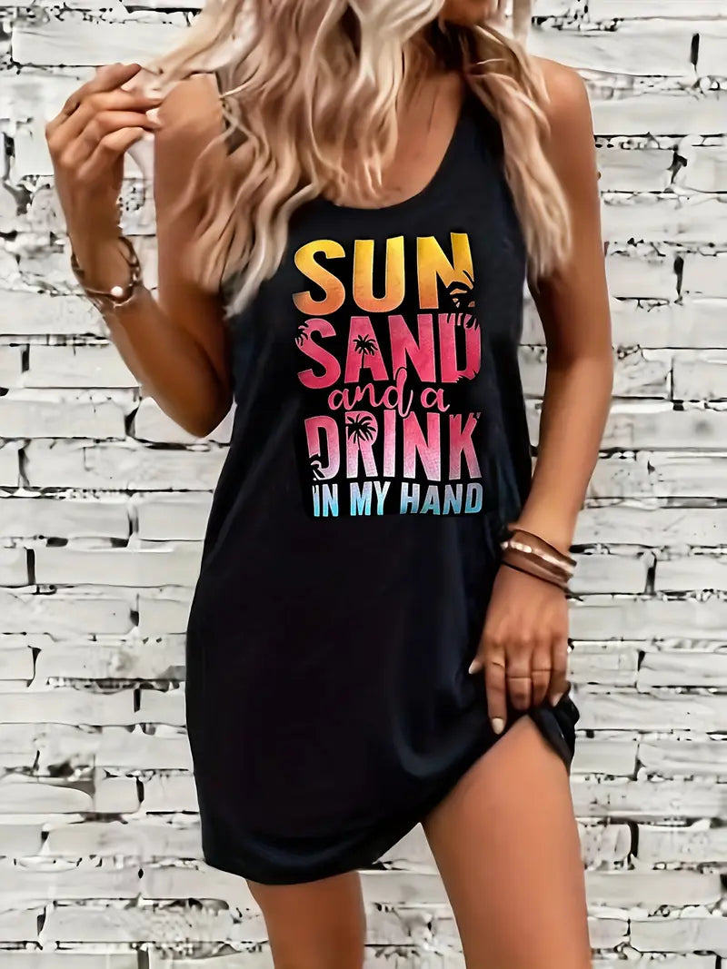 Women's Black Vest Style Holiday Mini Dress, Sun, Sand & Drink Print, Size 18.