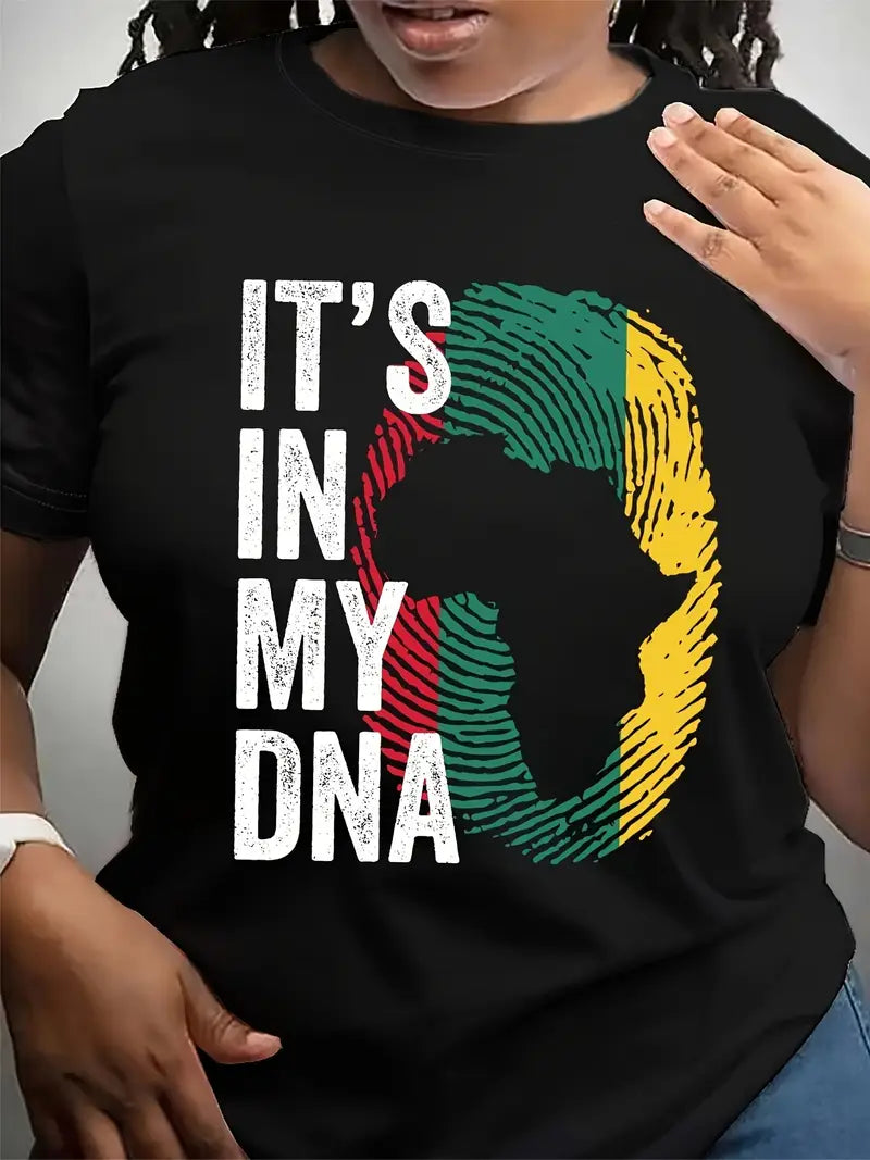 WOMEN'S JAMAICA, AFRICA, REGGAE, BLACK T SHIRT, "IT'S IN MY DNA" PRINT SIZE 16/18