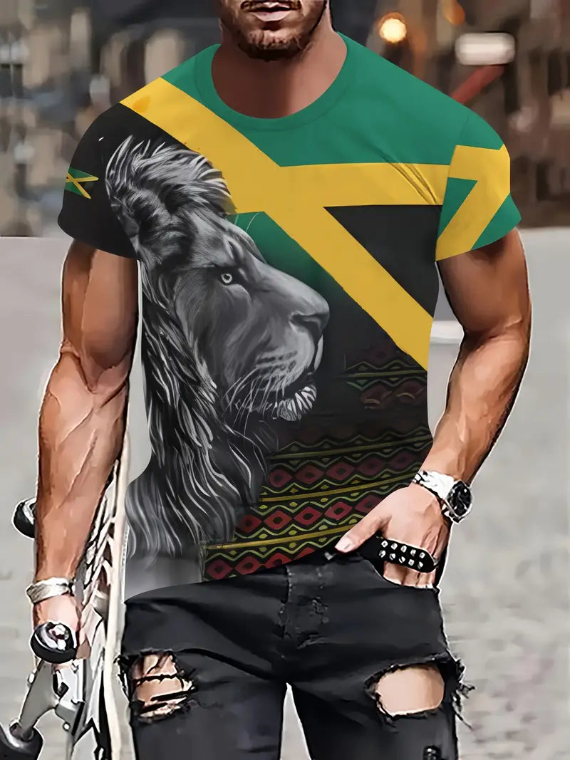 MEN'S JAMAICA FLAG, T SHIRT TOP, YELLOW & GREEN, LION DIGITAL PRINT. SIZE XL