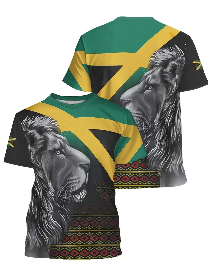 MEN'S JAMAICA FLAG, T SHIRT TOP, YELLOW & GREEN, LION DIGITAL PRINT. SIZE XL