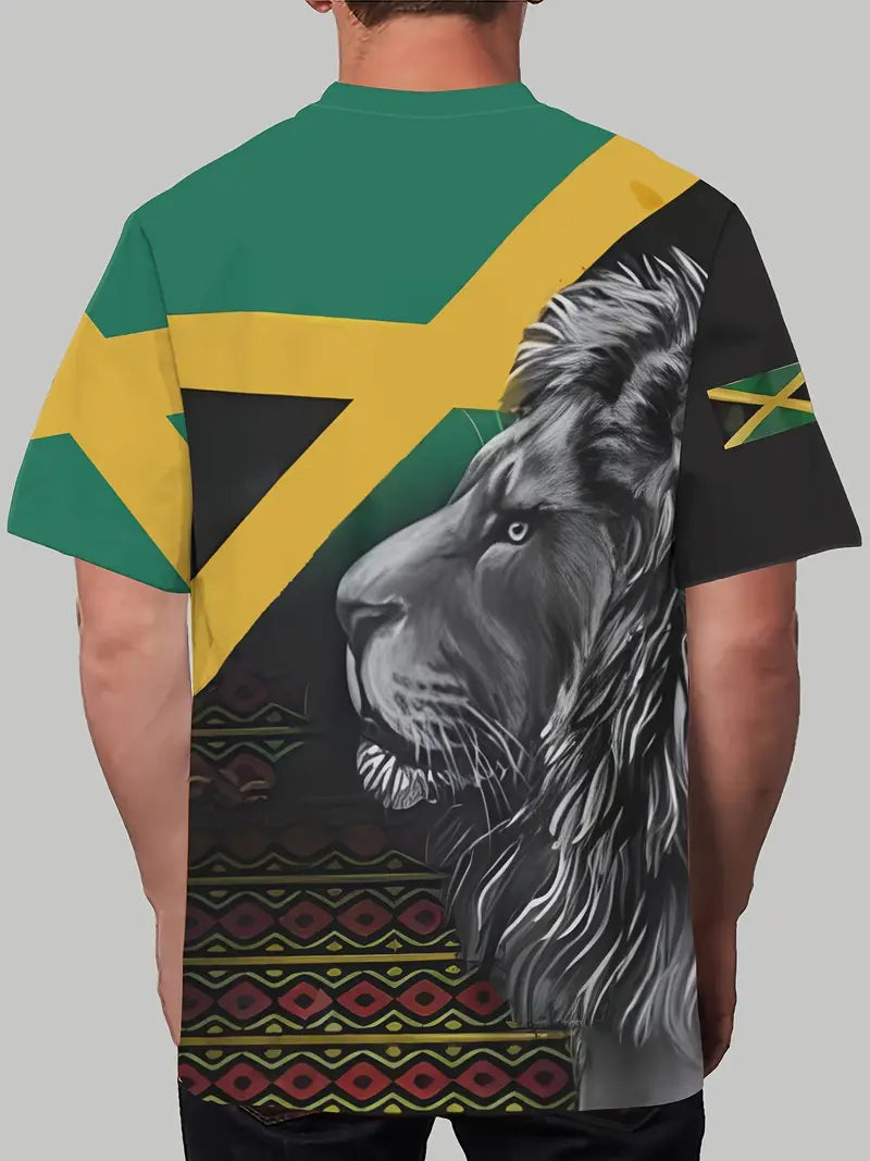 MEN'S JAMAICA FLAG, T SHIRT TOP, YELLOW & GREEN, LION DIGITAL PRINT. SIZE XL