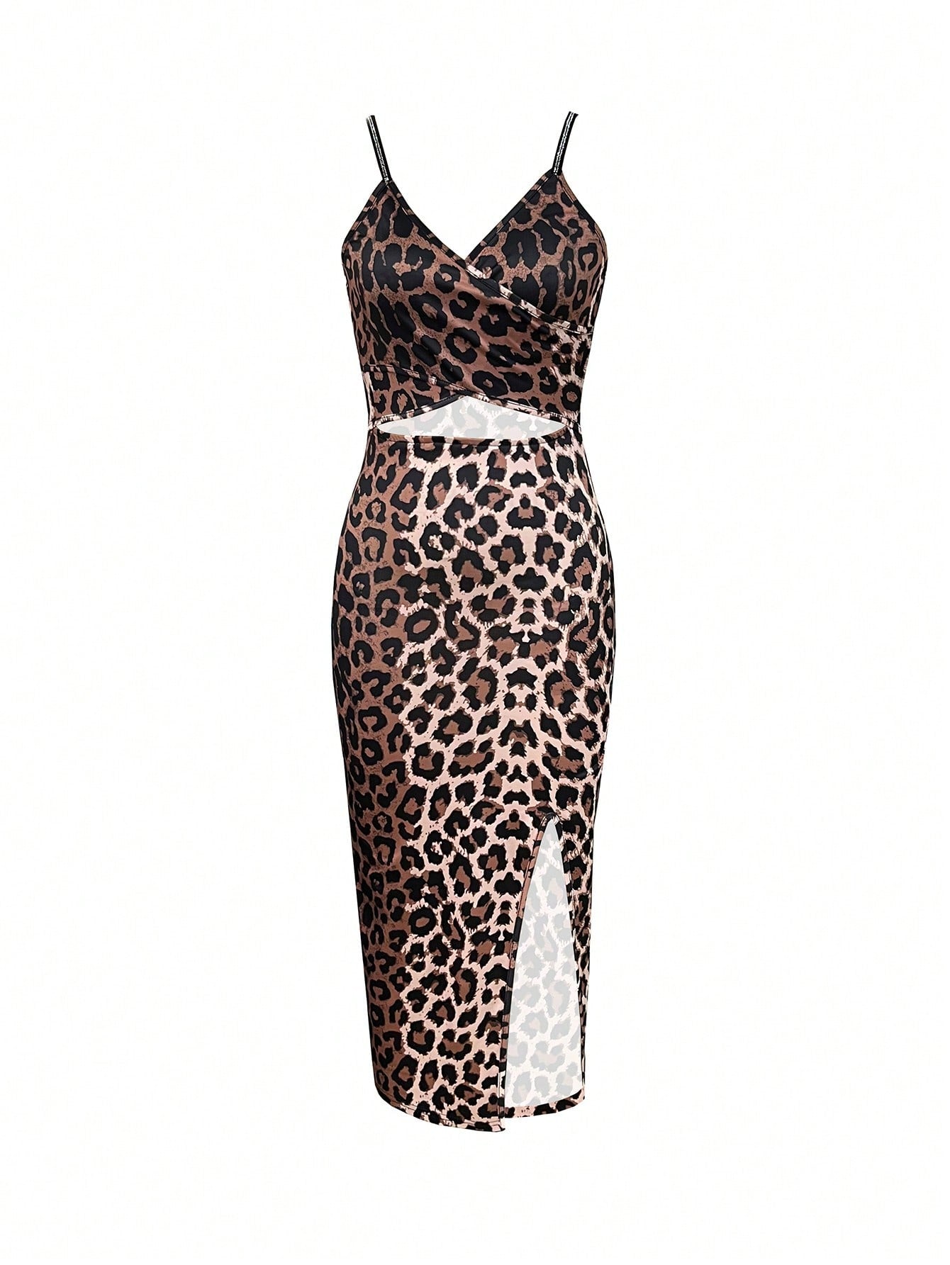 WOMENS STRETCH LYCRA LEOPARD MIDI DRESS SIDE SPLIT RHINESTONE STRAPS SIZE 8