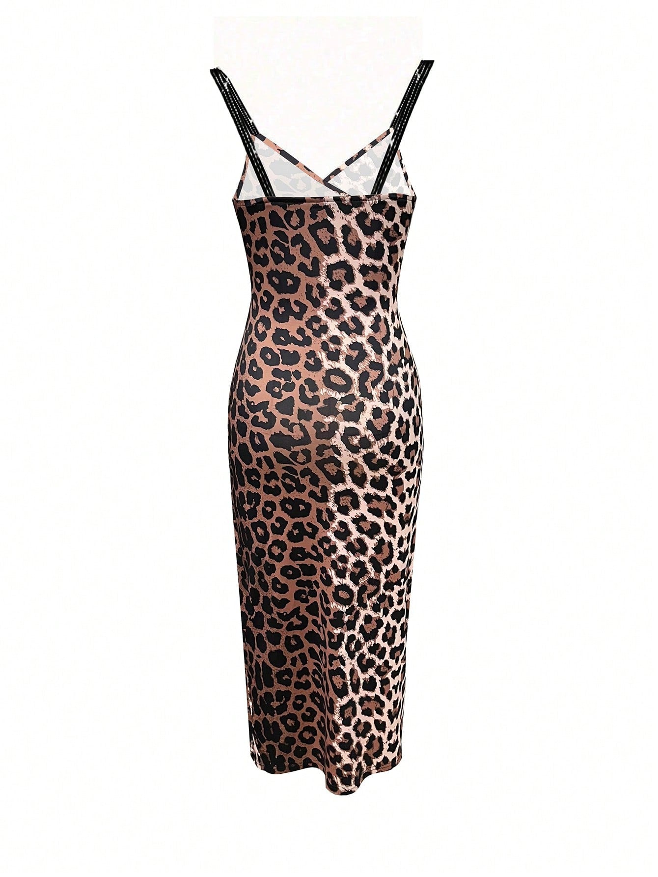 WOMENS STRETCH LYCRA LEOPARD MIDI DRESS SIDE SPLIT RHINESTONE STRAPS SIZE 8