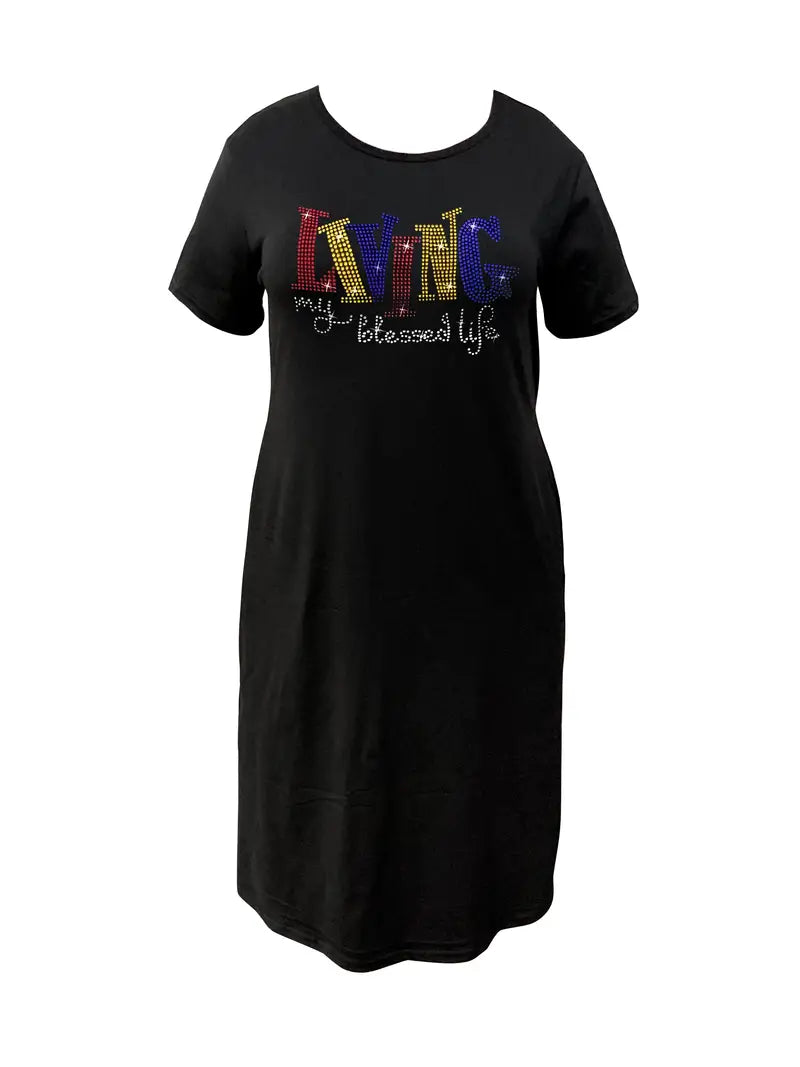 Women's Black Stretch Short Sleeve Midi T. Shirt Dress Rhinestone Plus Size 26