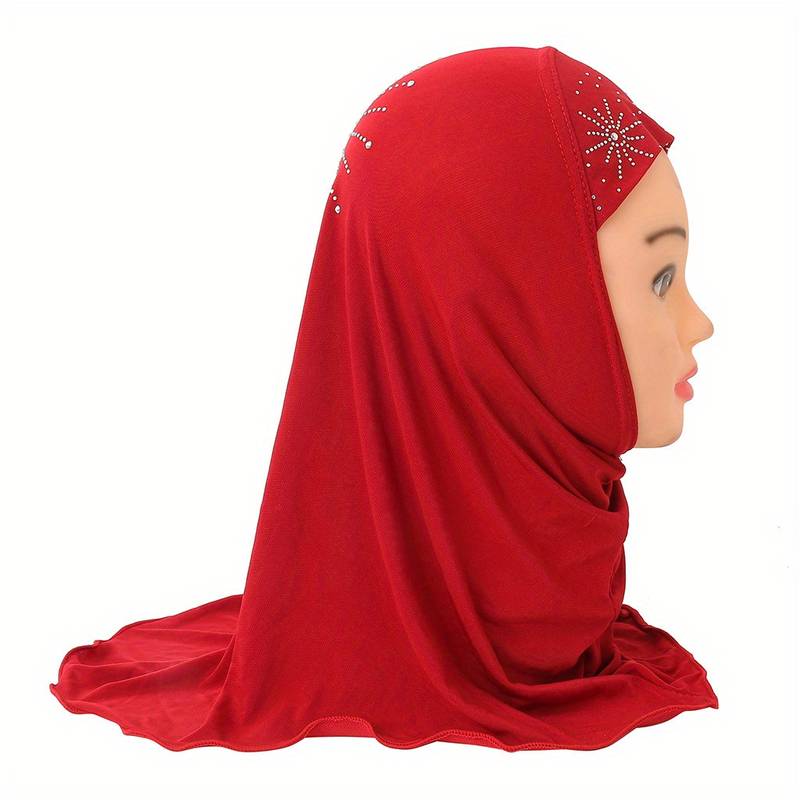 Girls dark red, maroon hijab, with modest embellishment.