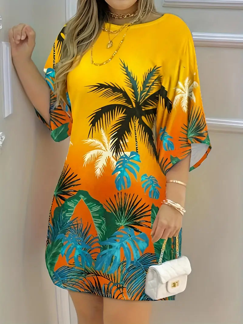 Women's Lycra Palm Tree Print T Shirt Style Stretch Mini Dress, Size 16