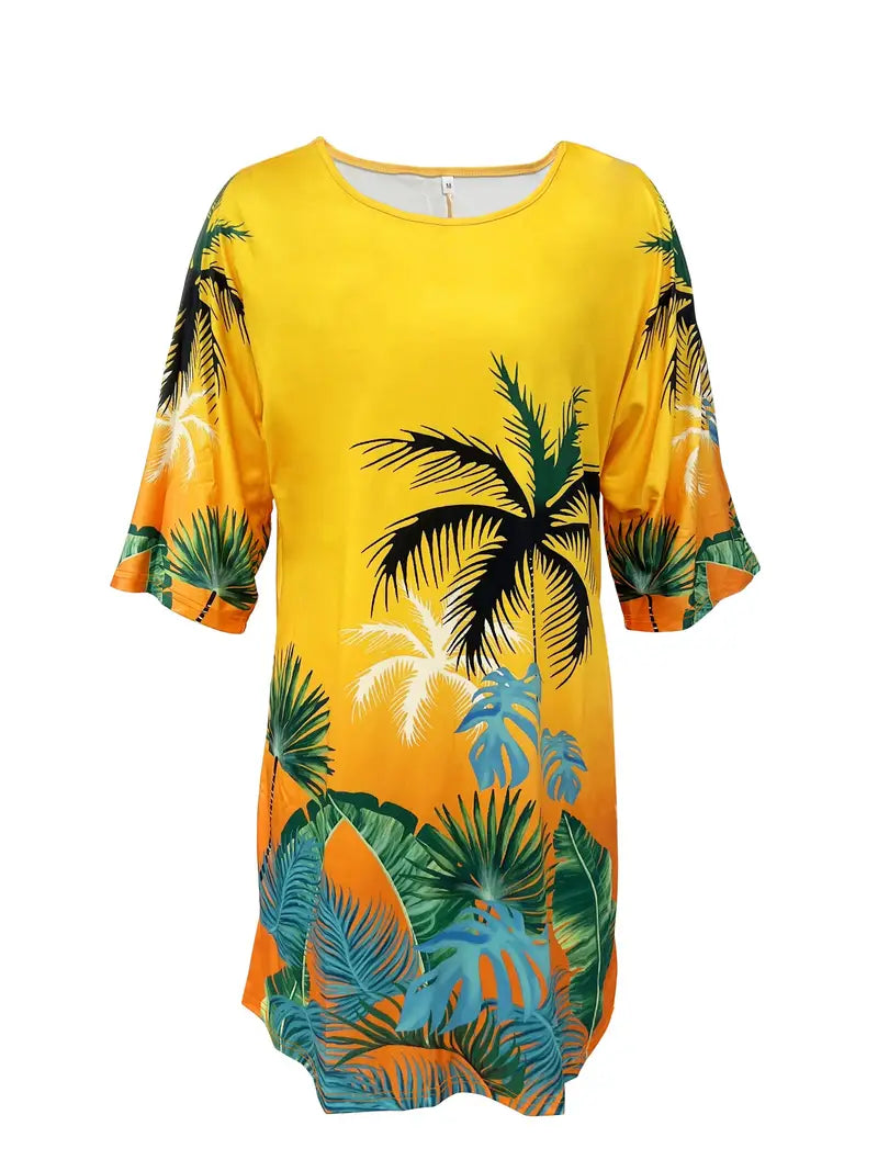 Women's Lycra Palm Tree Print T Shirt Style Stretch Mini Dress, Size 16