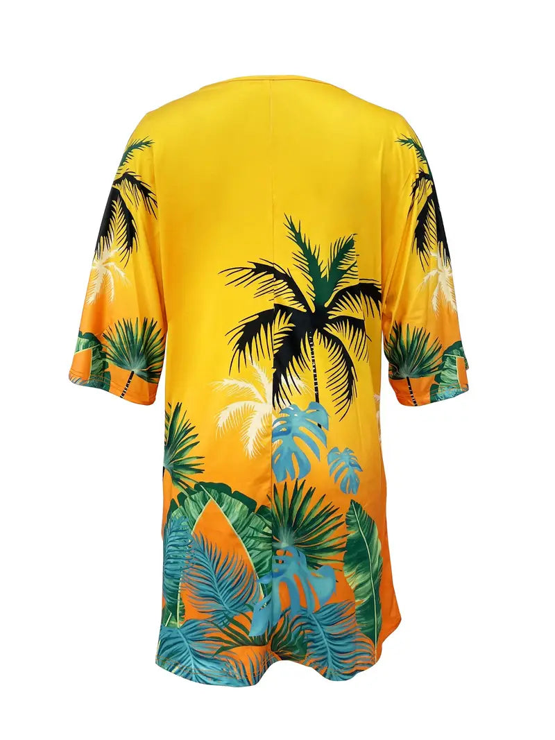 Women's Lycra Palm Tree Print T Shirt Style Stretch Mini Dress, Size 16