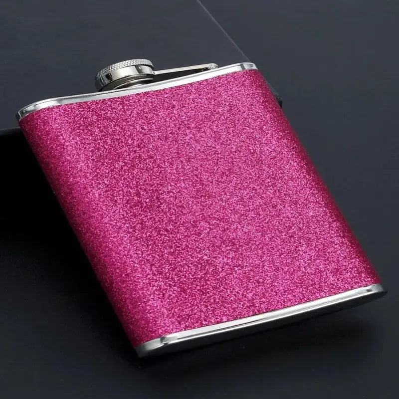 Women's Pink Glitter Stainless Steel Hip Flask, "Girls Night Out" Stencil.