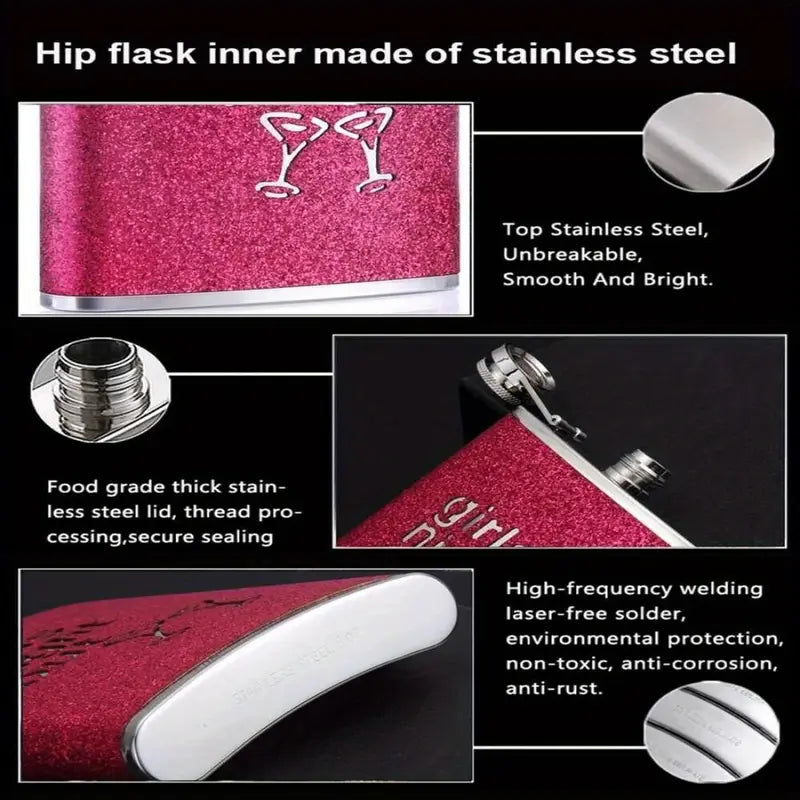 Women's Pink Glitter Stainless Steel Hip Flask, "Girls Night Out" Stencil.