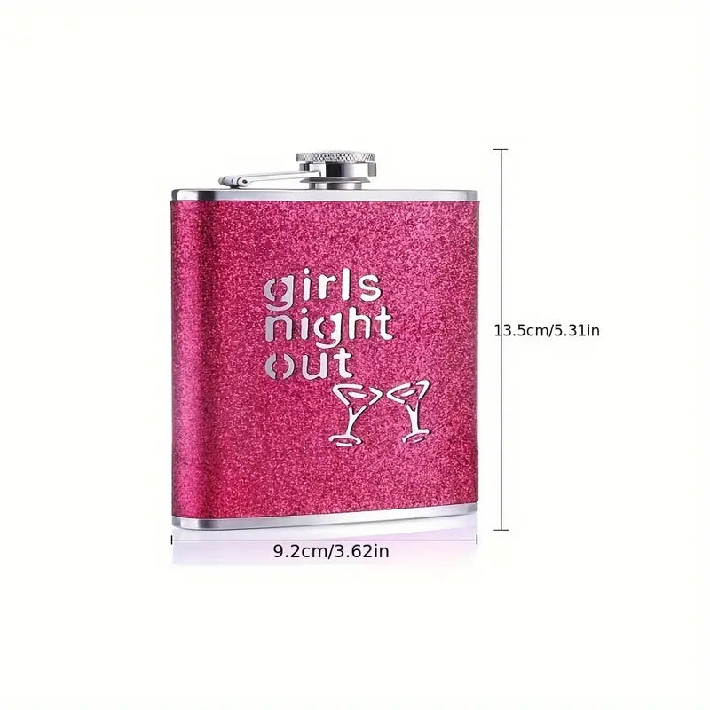 Women's Pink Glitter Stainless Steel Hip Flask, "Girls Night Out" Stencil.