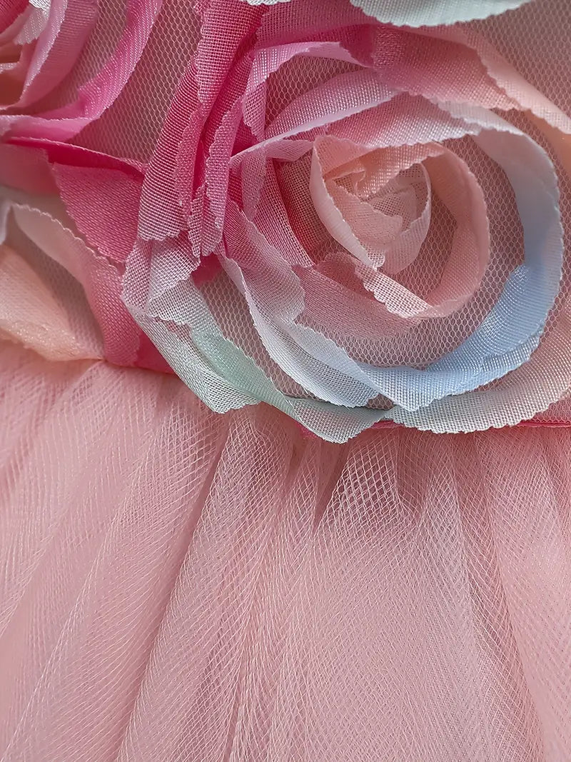 Girls Pink Pastel Flower Party Princess Dress with Train, Age 7 to 8 years.