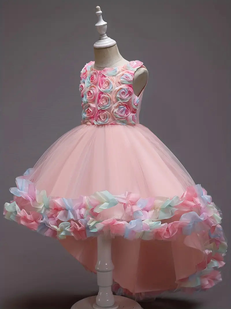 Girls Pink Pastel Flower Party Princess Dress with Train, Age 7 to 8 years.