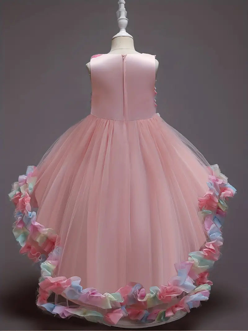 Girls Pink Pastel Flower Party Princess Dress with Train, Age 7 to 8 years.