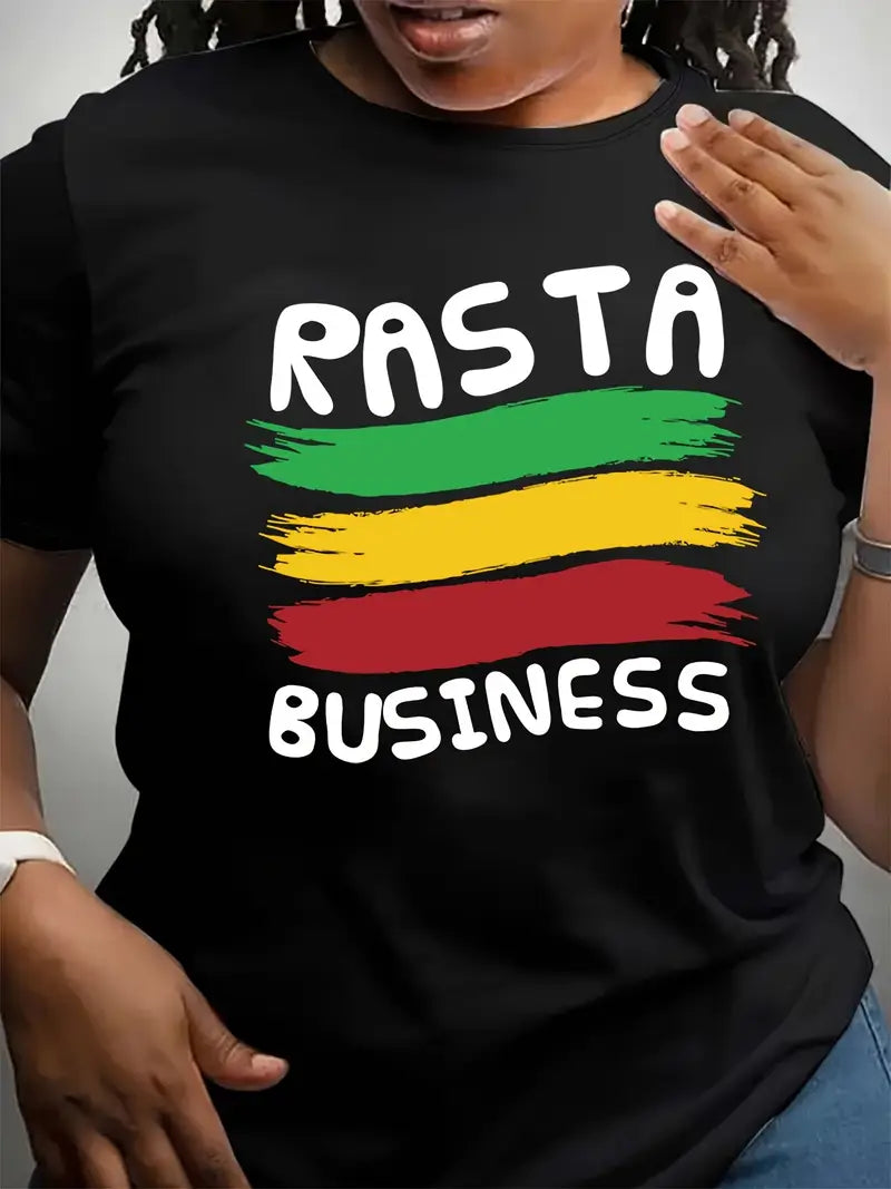 WOMENS JAMAICA, REGGAE, BLACK T SHIRT "RASTA BUSINESS" SLOGAN, SIZE 16/18