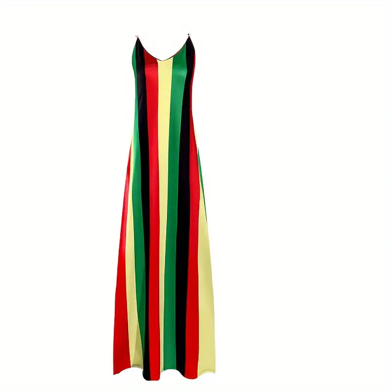 WOMEN'S RASTA. REGGAE. JAMAICA .STRIPED MAXI DRESS, STRETCH, SIZE 16