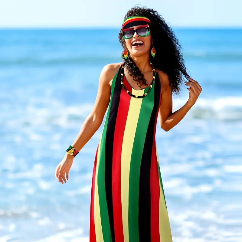 WOMEN'S RASTA. REGGAE. JAMAICA .STRIPED MAXI DRESS, STRETCH, SIZE 16