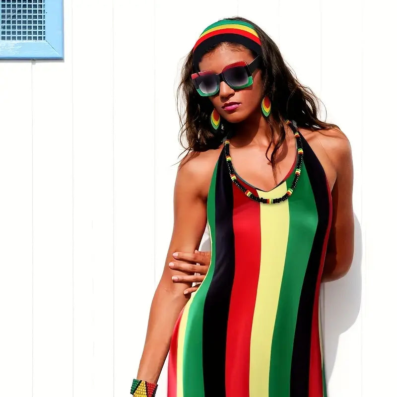 WOMEN'S RASTA. REGGAE. JAMAICA .STRIPED MAXI DRESS, STRETCH, SIZE 16