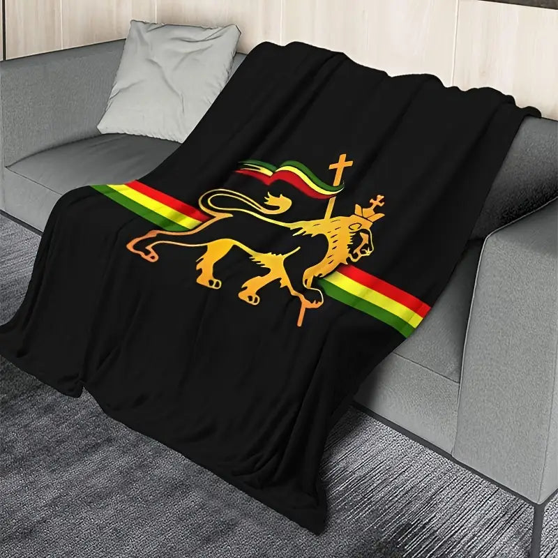Rasta Style, Black Soft Fleece Throw, Lion of Judah Print.